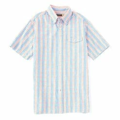 Outlet 😍 Cremieux Woven Seersucker Plaid Performance Stretch Short-Sleeve 👕 Shirt Bright Coral 😉