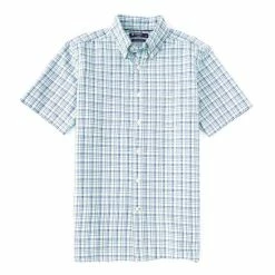 New 🌟 Cremieux Plaid Oxford Green Short-Sleeve Woven 👚 Shirt Bright Aqua 🤩