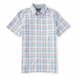 Coupon 😉 Cremieux Plaid Oxford Short-Sleeve Woven 👚 Shirt Vista Blue ❤️