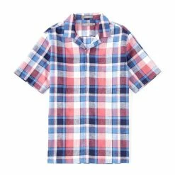 New ❤️ Daniel Cremieux Signature Linen Plaid Short-Sleeve Woven Camp 👕 Shirt Indigo 🧨